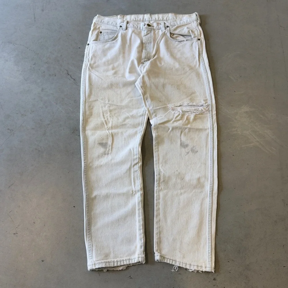 Wrangler Mens Distressed White Denim Jeans Straight Leg Workwear Casual Size 34
